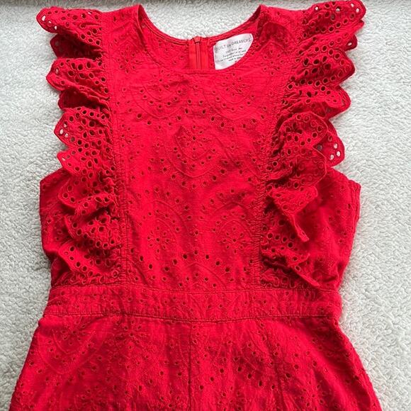 Built By Dreamers Red Lace Jumpsuit Size Medium Eyelet Ruffle Hem Capri Length - Picture 3 of 13